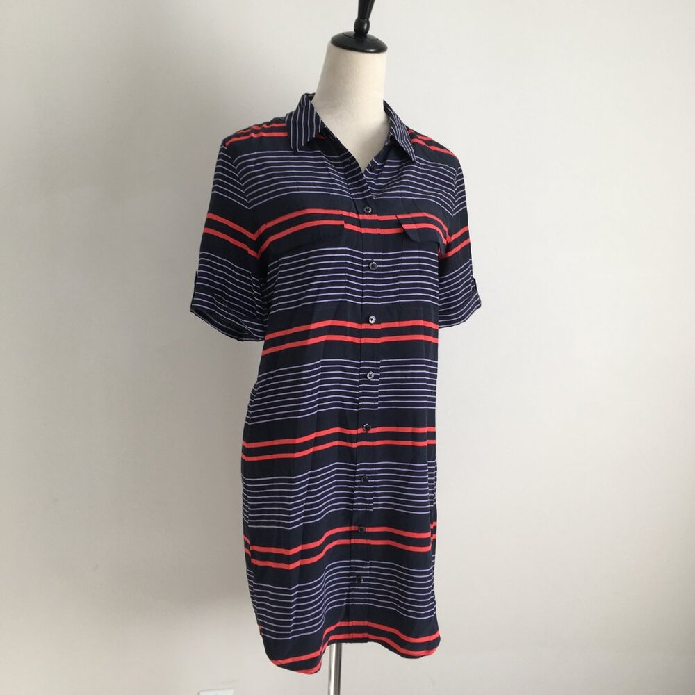 EQUIPMENT Navy Red Purple Striped 100% Silk Short Sleeve Logo Button Shirt Dress